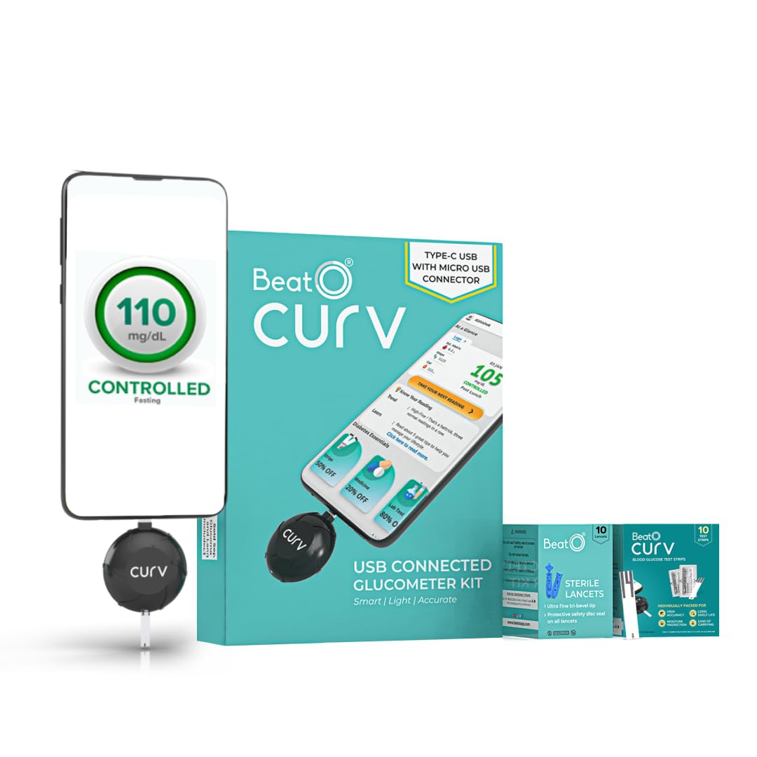 BeatO CURV Sugar Test Machine | FREE 10 Strips & 10 Lancets (Type-C USB Connector) | Simple & accurate testing of Blood sugar levels at home |Smartphone Connected Glucometer Machine | Android only | ISO Certified: Made in India