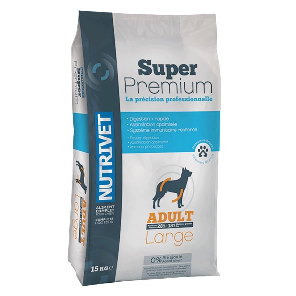 NUTRIVET - Super Premium - Adulte Large - Croquettes sans Blé - Chien - Riche en Protéines Animales - 15 kg