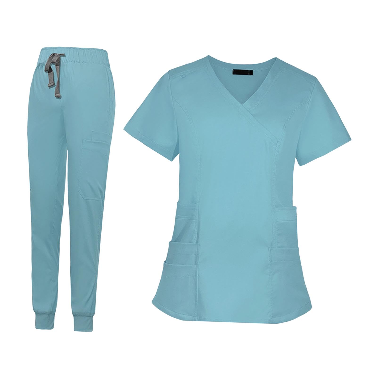 Colcolo Pflegeuniform Damen Kasack Jogginghose Set Arbeitskleidung V Ausschnitt Kurzarm Oberteil Mehrfachtaschen Elastischer Bund Atmungsaktiv Fü, Hellblau, m