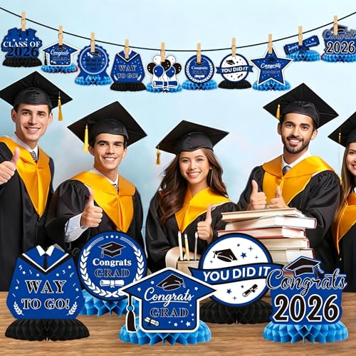 Image of Graduation Decorations 2026, 10PCS Graduation Centerpieces for Table Blue Black Graduation Party Decoration Class of 2026 Congrats Grad Honeycomb Centerpieces Table Decor for Graduation Party Supplies
