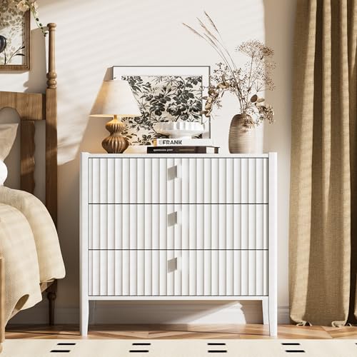 Image of Furniway Nightstand Set of 2, Modern End Table with Solid Wood Legs, Bedside Table with 3 Drawers and Metal Handles for Bedroom, White