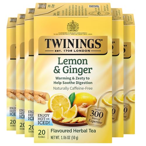 Twinings Lemon &amp; Ginger Herbal Tea Individually Wrapped Bags, 20 Count (Pack of 6), Tangy Lemon, Spicy Ginger, Naturally Caffeine-Free, Enjoy Hot or Iced, 120 Teabags