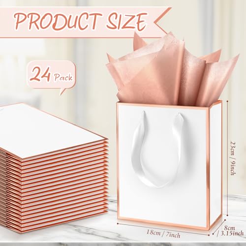 Image of Yeaqee 24 Pack Metallic Paper Gift Bag with Tissue, White, Rose Gold | with Satin Ribbon Handle and Tissue, 9x7x3.1 Inch, Suit Business, Birthday, Christmas, Thank You Return Gifts Bags