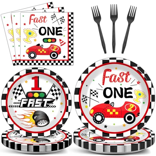 Image of Fast One Birthday Decorations for Boys Racing Car 1st Birthday Party Supplies Fast One Plates Napkins Forks Checked Race Car Disposable Paper Plates Tableware Set for Kids Favors Serve 25