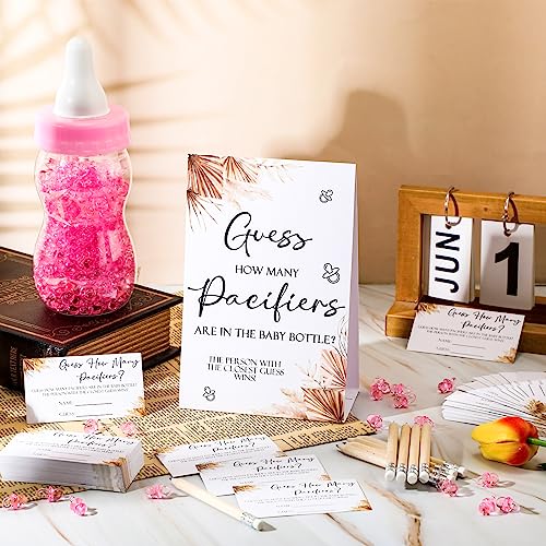 Image of Roowest 512 Pcs Baby Shower Games Guess How Many Pacifiers Sign 100 Small Guessing Games 10 HB Pencils 750ml Milk Bottle 400 Acrylic Pacifiers Decoration for Guest Gender Reveal(Pink,Boho)