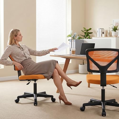 Image of OLIXIS Ergonomic Armless Office Desk Chair with Wheels, Mesh Back, Removable Washable Foam Cushion, Height Adjustable Rolling Swivel Chairs for Small Space, Home, Office, Dark Orange