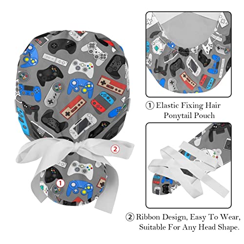 Image of 2 Pcs Women's Adjustable Working Caps with Button & Sweatband,Game Video Controller Pattern Bouffant Surgical Cap Scrub Turban Hats