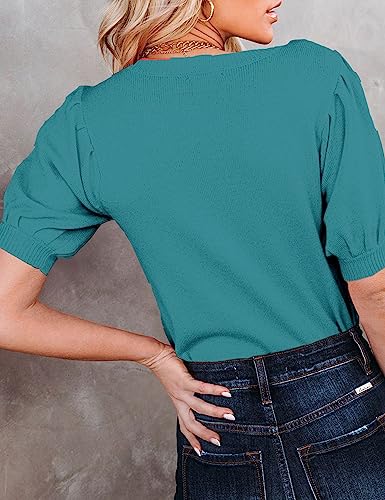 Image of Womens Puff Short Sleeve Sweater Tops Crewneck Basic Knit Pullover Lightweight Casual Sweaters