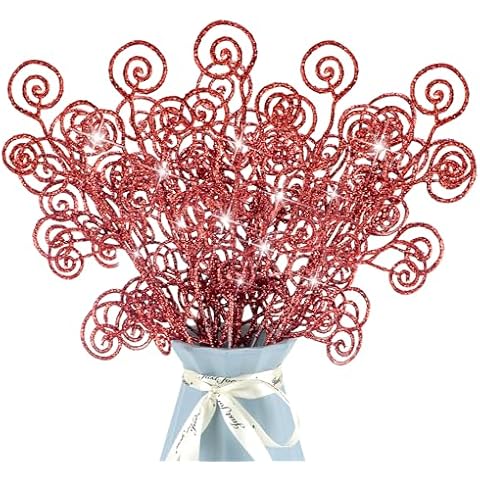 Kunjocy 24 Pieces Glitter Christmas Picks Ornaments Decorative Sticks Candy Picks Curly Sprays Twigs for Christmas Tree Branches Vase Fillers Crafts Wreath Garland Party Wedding Holiday (24, Red) Cover