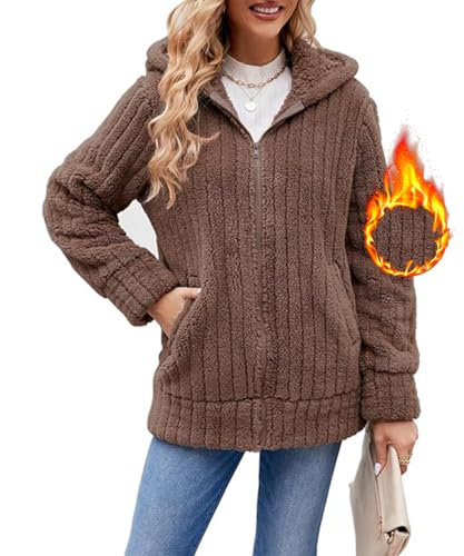 Yeenily Mujer Sudadera de Forro Polar con Capuch y Cremallera Completa Felpa de Manga Larga Cálida para Invierno(Kaki,M)