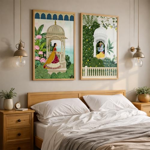 Image of TheMakerly Traditional Indian Wall Painting Set of 2 | Radha Krishna Wall Art Frames | Vintage Religious Wall Decor for Living Room Bedroom Home Temple (KR04, 13x19 inches)
