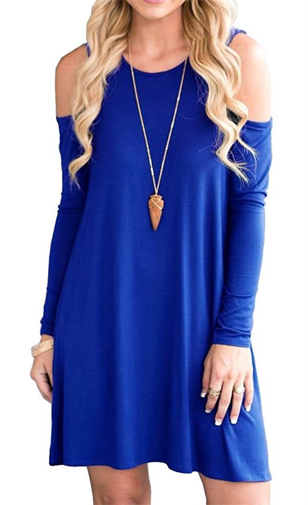 NELIUYA Women's Summer Cold Shoulder Tunic Top Swing Dresses Loose T-shirt Casual Dress With Pockets (Small, 4-Long Sleeve-Royal Blue)