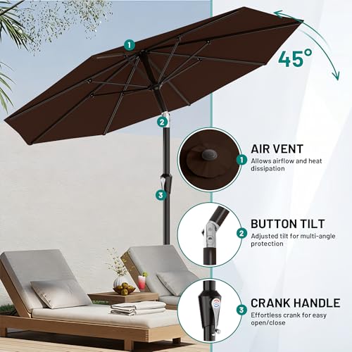 Image of AreShark 9 FT Patio Umbrella for Outdoor, Outdoor Table Umbrella with Push Button Tilt and Crank, Outdoor Patio Umbrellas with 8 Sturdy Ribs for Market, Garden, Pool (Brown)