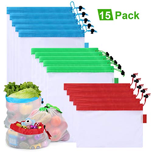 TEENKON 15Pcs Premium Mesh Produce Bags, Reusable Eco-Friendly Bag, Washable Strong, for Fruit