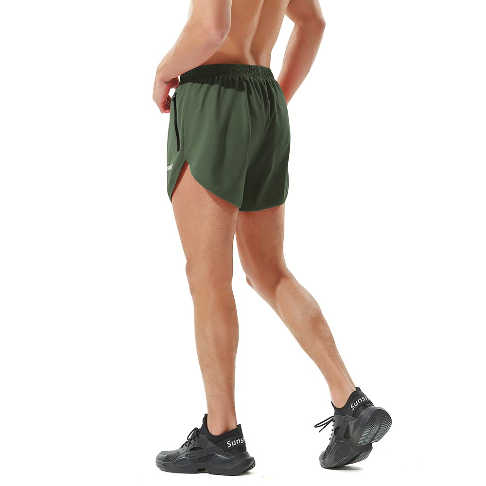 TENJOY Men's Running Shorts Gym Athletic Workout Shorts for Men 3 inch Sports Shorts with Zipper Pocket Green