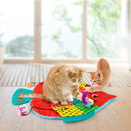 Image of AWOOF Cat Mat, Cute Soft Catnip Mat, Cat Activity Mat Machine Washable Cat Play Mat for Small Medium Large Cats with 8 Pockets, Crinkle Paper Self-Warming Kitty Snuggle Mat Interactive Catnip Toys
