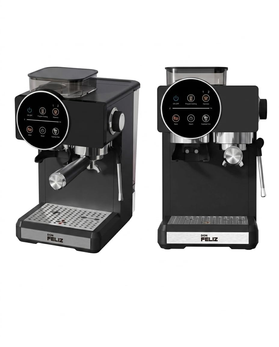 Don Feliz Cafetera Superautomática con Molinillo Integrado, 20 Bar, 1350W, Depósito 1.8L, Vaporizador de Leche, Portafiltro 51mm, Panel de Control Táctil