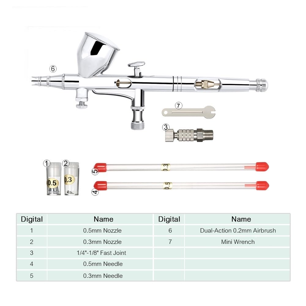 Pistola pulverizadora, Boquilla de aerógrafo Doble acción, 0,2/0,3/0,5mm, Aguja 9cc, Juego Pistola pulverizadora alimentación for Modelo, Pastel, decoración uñas, Pintura Coches(Nt 180t 1)