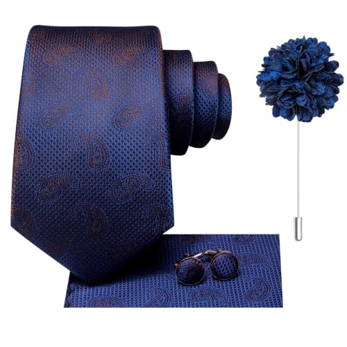 Image of Dubulle Mens Tie and Lapel Pin Paisley Striped Floral Necktie for Men Pocket Square Cufflinks 4PCS Set Wedding Party