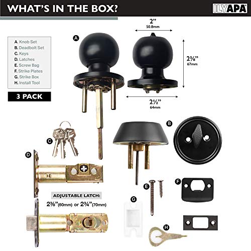 Ilyapa Entry Knob With Single Cylinder Deadbolt - Keyed Alike Locks, Ball Style, Matte Black Exterior Door Keyed Alike Turn Thumb Locking Door Knob With Deadbolt, Matte Black, 3 Pack #TOP1