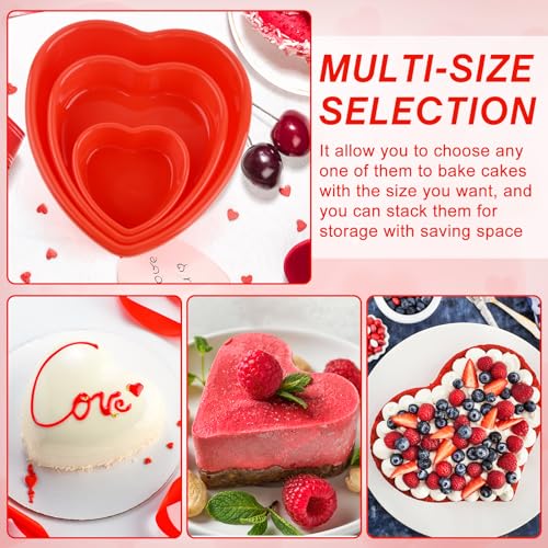 3 Pieces Silicone Heart Cake Pan, 5 8 10 inches Heart Shaped Cake Pan Nonstick Cheesecake Mold Reusable Food Grade Silicone Baking Mold for Baking Brownie Valentine Mother Wedding Birthday Day, Red