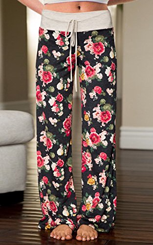 Image of AMiERY Women's Comfy Casual Pajama Pants Floral Print Drawstring Palazzo Lounge Pants Wide Leg