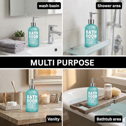 Image of Luxe Home International Bathroom Sweet Home Print Glass Soap Dispenser for Bathroom and Kitchen Sink Leak Proof Liquid Hand Wash Round Bottle Lightweight Smooth Finish (19.5x7.5 cm Aqua) Pack of 1