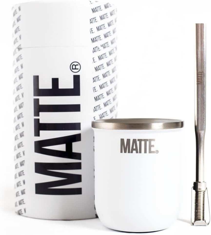 Matte Yerba Mate Cup and Bombilla Set - Includes Premium Quality Box - BPA Free Yerba Mate Gourd with Mate Straw, Elegant Design, Non-Slip Base (White)