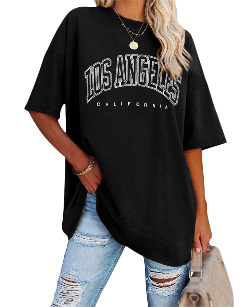 Tomwell Damen Los Angeles Brief T-Shirt Rundhals Oversize Oberteile | Sommer, Kurzarm, mit Buchstaben Druck, Locker, Vintage, Lang, Sport, für Teens
