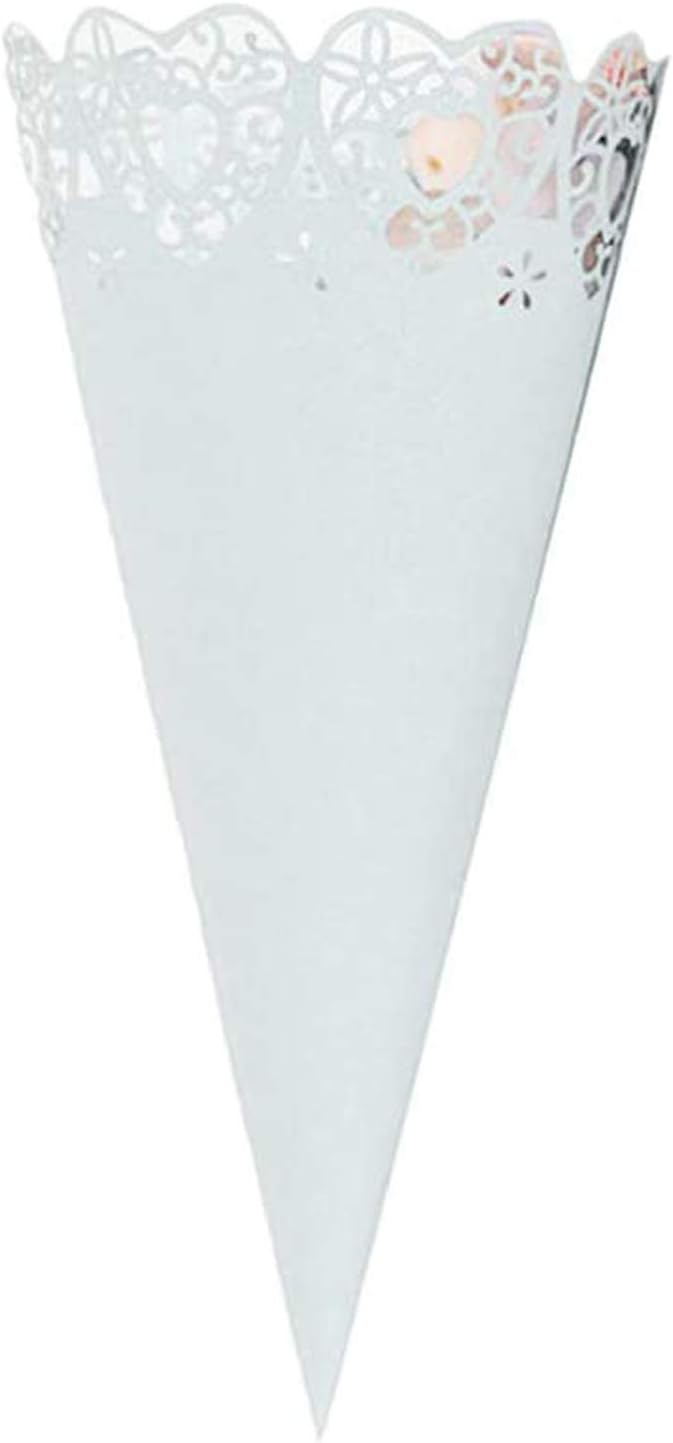 Wedding Confetti Cones, 50PCS Cones for Confetti Paper Petal Cones Hollow Print Candy Holder Party Favors Lace Paper Cones Crafts Wedding Supplies (White)