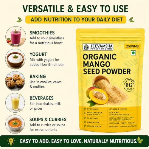 Image of Mango Seed Powder with Vitamin B12 250g - Raw, Vegan, Gluten-Free - Immune & Digestive Support Superfood - Non-GMO Herbal Supplement - Resealable Pouch