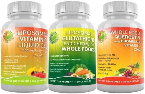 SUPPLEMENTS STUDIO Total Immune and Master Antioxidant Bundle - Liposomal Glutathione 500mg + Liposomal Vitamin C Liquid Gel 1100mg + Quercetin 500mg with Bromelain - Zinc and Vitamin C Supplement