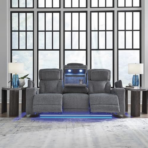 Image of Signature Design by Ashley RiverTest Power Reclining Sofa, Easy View Adjustable Headrest & Drop Down Table, Stain Resistant Next-Gen Nuvella Performance Fabric for Home Theater, Steel Gray, 86 inch W