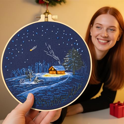 Image of Christmas Embroidery Kits for Beginners Adults, Winter Hand Embroidery Starter Kits, Christmas Cross Stitch Kits for Beginners Needlepoint DIY Kits for Adults, Embroidery Hoop, Thread & Video Tutorial