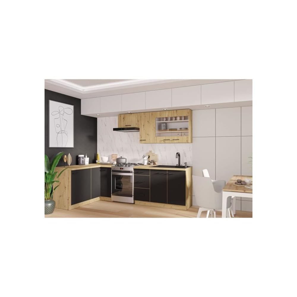 Cuisine complete - MODENA - 270 x 150 cm - Chene artisan et noir mat