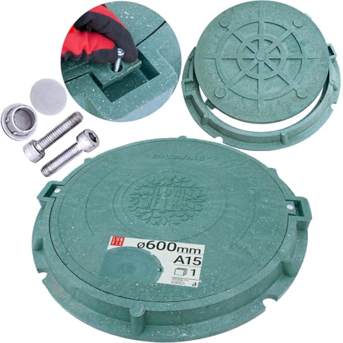 Tapa arqueta redonda DN 600 mm verde clase A15 1,5t, tapa de alcantarillado polímero-sand resistente con tornillos antimanipulación, cubierta registro pozo drenaje, Lun Fix