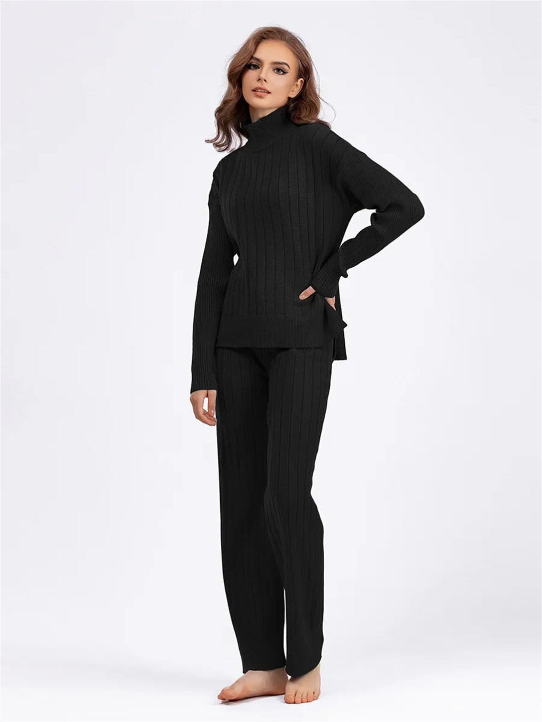 Donne Mezzo Dolcevita Manica Lunga Maglione Pullover Conjuntos Maglia Spessa Set 2 Pezzi Pantaloni Della Tuta A Vita Alta Abiti, Beige, L