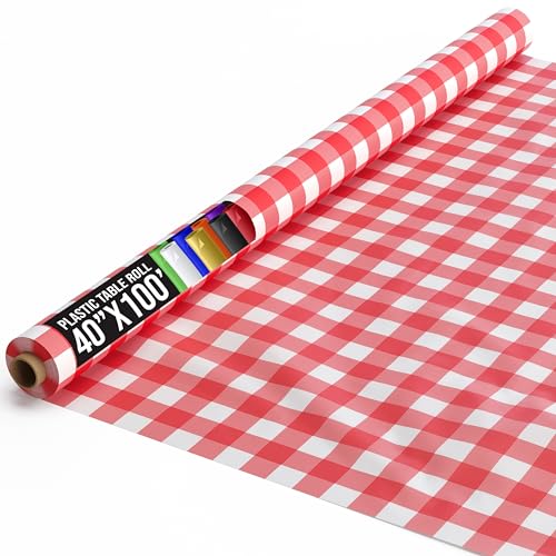 Party Solids Red Gingham Plastic Table Cover Roll 40
