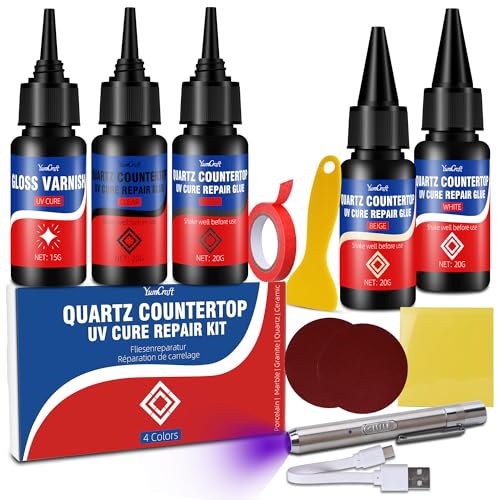 Quartz Countertop Repair Kit [30s UV Light Cure], 4 Colors(White, Gray, Beige, Clear) Professional Stone Chip Repair for Granite, Marble, Sink & Tile, Fast DIY Fix for Chips, Nicks, Cracks & Scratches