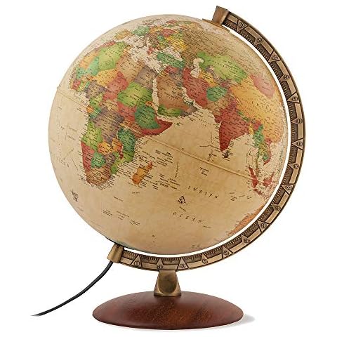 TECNODIDATTICA -Nova Rico Antiquus Globe | Illuminated and revolving | Base in premium beechwood and metallic graduated meridian | Cartography in English and with antique looking finish | 12"/30cm Cover