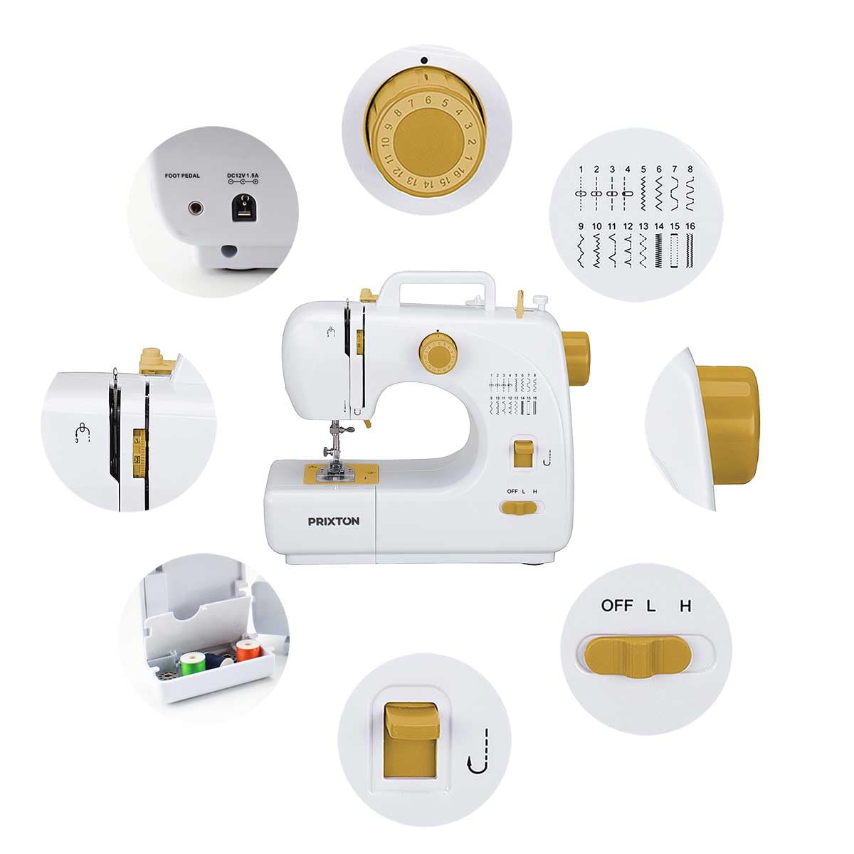 PRIXTON - Mini Maquina de Coser Portatil con Cajón para Accesorios, Lámpara Integrada y 16 Tipos de Puntadas Diferentes, Incluye Pedal | P120