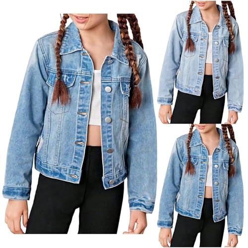 Girls Ripped Jean Jacket Front Pocket Button Long Sleeve Collared Jean Coat Retro Classic Casual School Clothes
