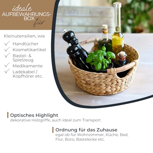 HMF Aufbewahrungskorb rund, Geschenkkorb leer geflochten aus Wasserhyazinthe mit Holzgriffen, 30 x 12 cm, Naturfarben – Bild 3