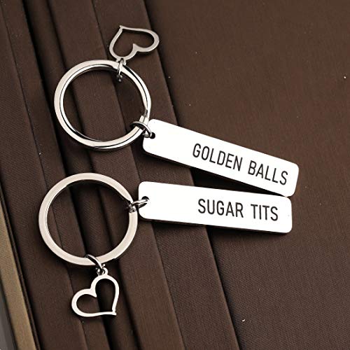 Image of CENWA Funny Couples His and Her Keychain Set Golden Balls Sugar Tits Anniversary Wedding Jewelery Inappropriate Jewelery (golden balls sugar tits K)
