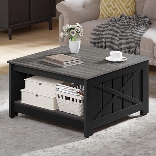 GOOBED Farmhouse Sqare Coffee Tables for Living Room with Storage, Grey Wash Coffee Table 2 Tier Spaciou Storage Shelf, Modern Center Table Small Coffee Tables, Grey and Black