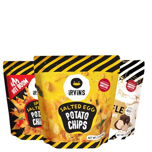 IRVINS Potato Chips Crisps Variety Pack Of 3: Salted Egg Potato Chips (3.7 oz), Spicy Salted Egg Potato Chips (3.7 oz), Truffle Potato Chips (2.5 oz)
