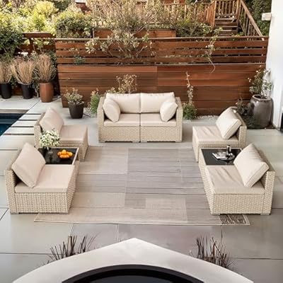 8-Piece Wicker Patio Furniture Set, Outdoor Conversation Set Sectional Sofa with Water Resistant Thick Cushions and Coffee Table, Beige