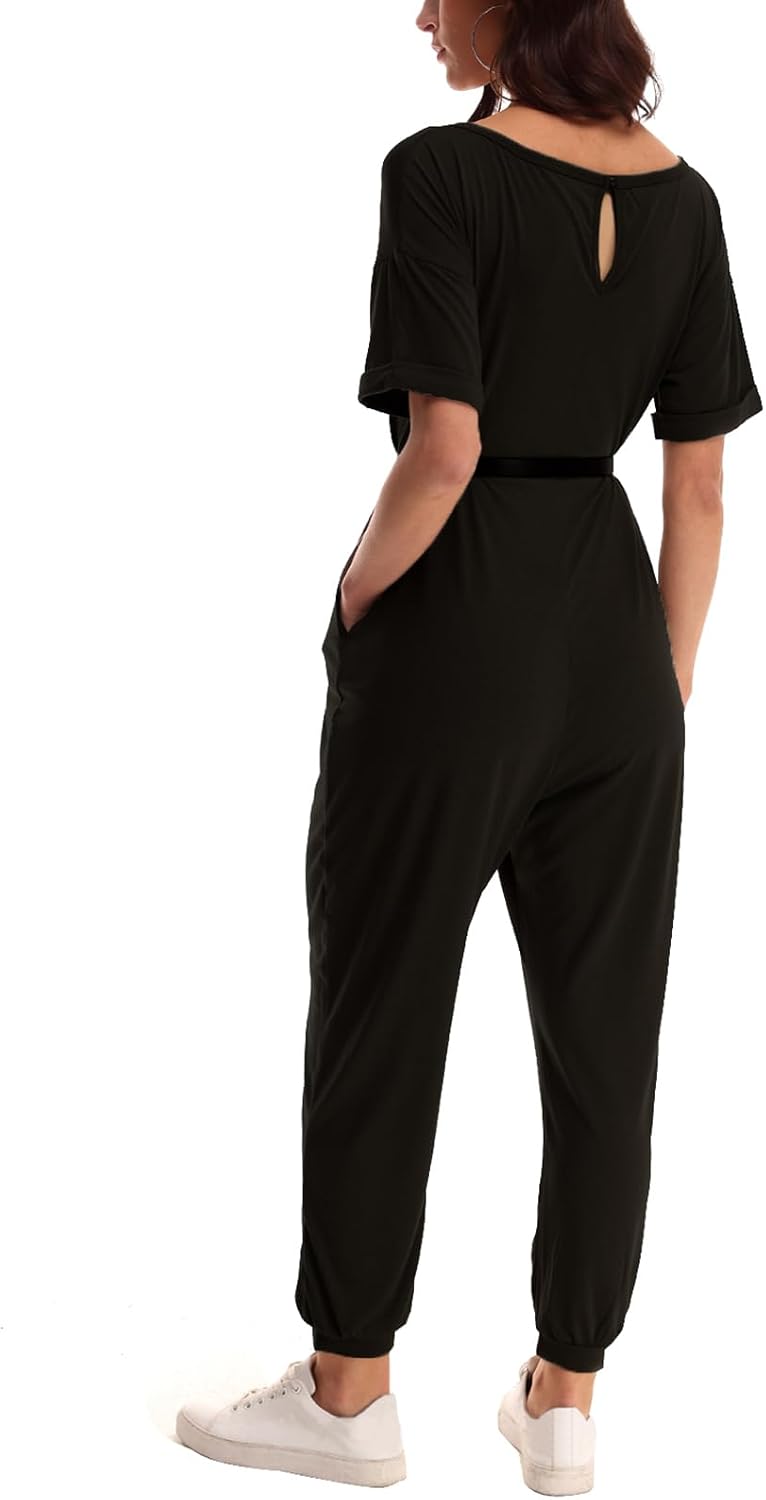 Nirovien Womens Short Sleeve Jumpsuits Casual V Neck Rompers Summer Outfits | Beam Foot Baggy Jumpers, One Piece Outfits, Daily Vacation Wear, Half Sleeve, Soft and Breathable Jumpsuit with Pockets