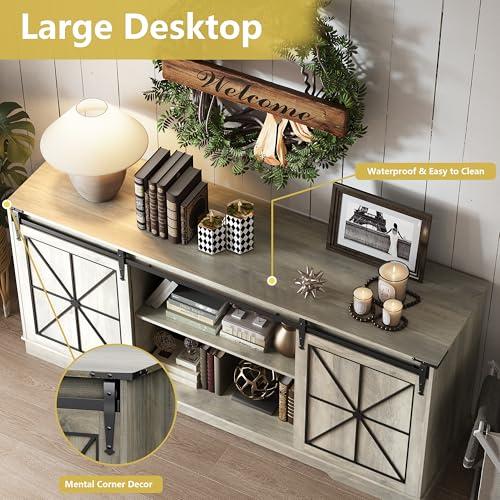 Image of Farmhouse TV Stand for 65 /60 /55 Inch Tvs, Rustic Entertainment Center with Storage Cabinets & Sliding Barn Doors, Modern Media Console Table, Wood Television Furniture for Living Room, Bedroom, Grey