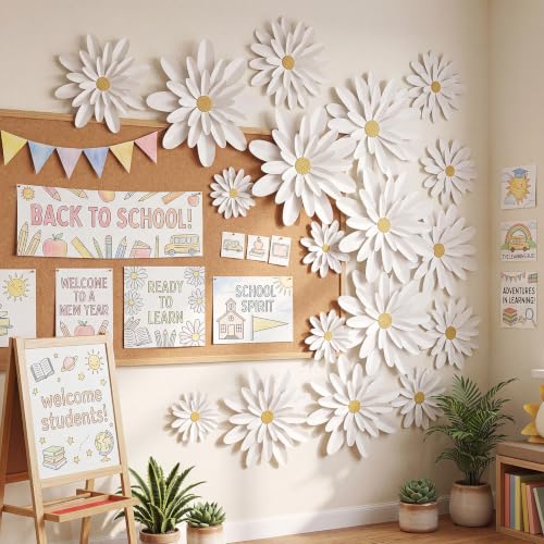 Image of MotiMind 18 Pcs Paper Flowers Bulletin Board Decorations DIY 3D Paper Floral for Wall Classroom Back to School Birthday Party Flower Backdrop Decoration Photo Backdrop(White Color,6 inch 8 inch 10 inch)
